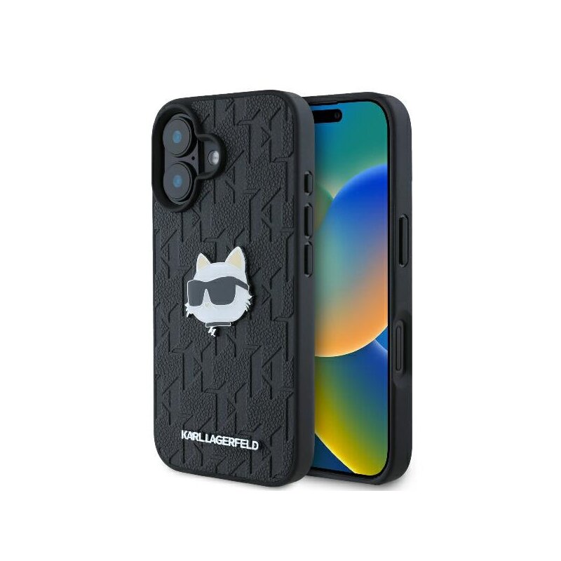 Husa iPhone 16 Karl Lagerfeld Hardcase Leather Monogram, Choupette Head Pin, negru, KLHCP16SPGKLCHPK
