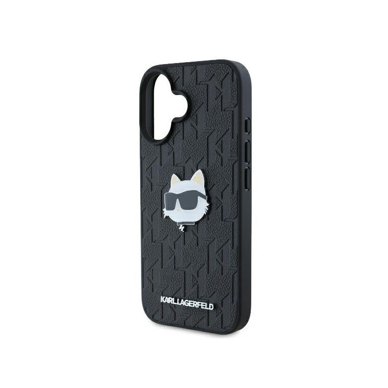Husa iPhone 16 Karl Lagerfeld Hardcase Leather Monogram, Choupette Head Pin, negru, KLHCP16SPGKLCHPK