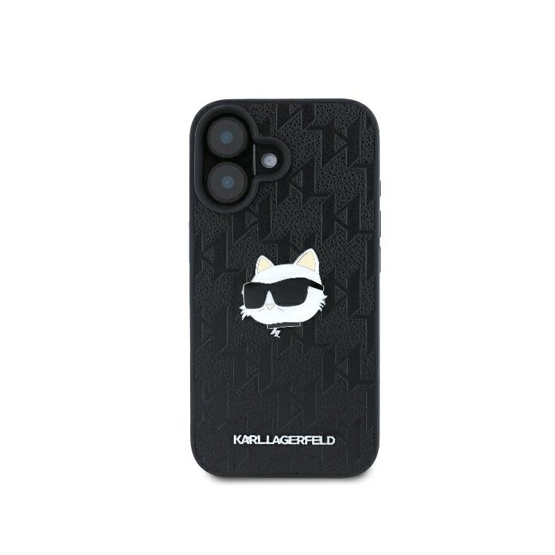 Husa iPhone 16 Karl Lagerfeld Hardcase Leather Monogram, Choupette Head Pin, negru, KLHCP16SPGKLCHPK