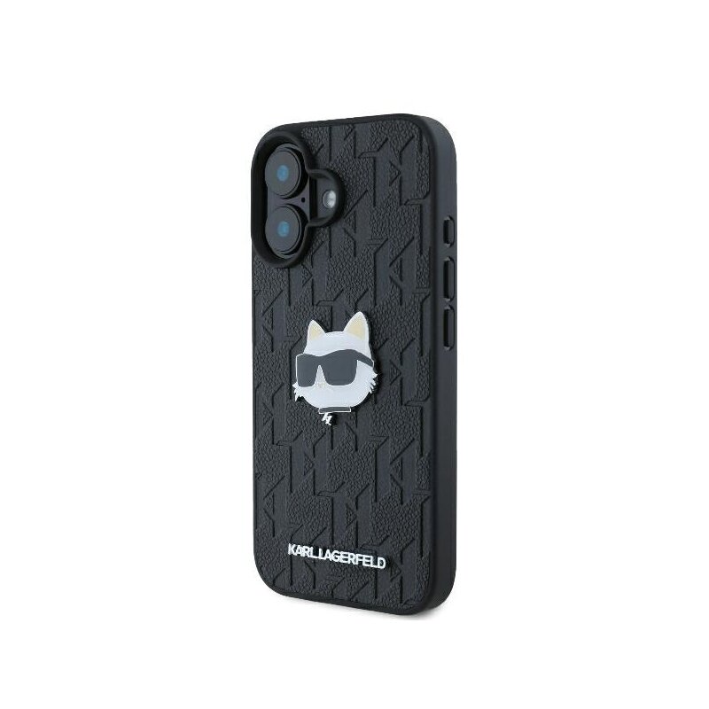 Husa iPhone 16 Karl Lagerfeld Hardcase Leather Monogram, Choupette Head Pin, negru, KLHCP16SPGKLCHPK