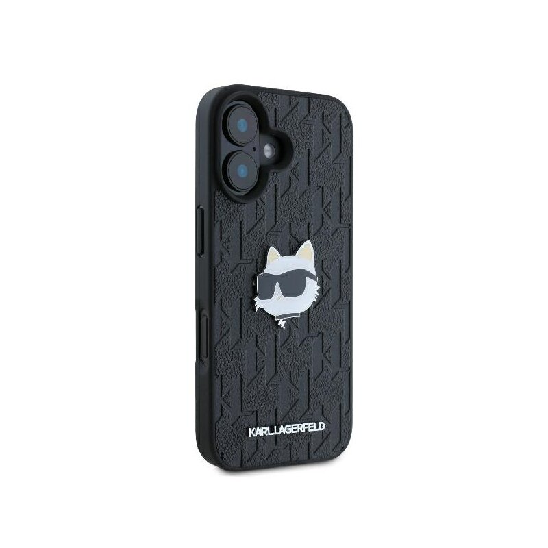 Husa iPhone 16 Karl Lagerfeld Hardcase Leather Monogram, Choupette Head Pin, negru, KLHCP16SPGKLCHPK