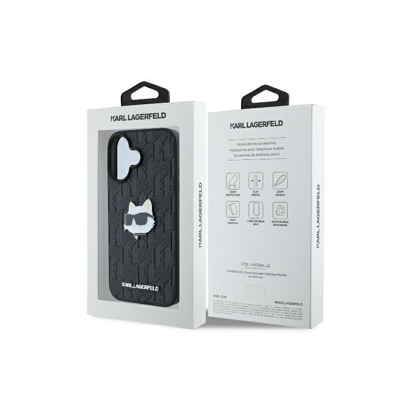 Husa iPhone 16 Karl Lagerfeld Hardcase Leather Monogram, Choupette Head Pin, negru, KLHCP16SPGKLCHPK