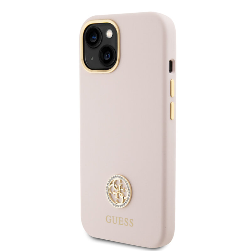 Husa Guess iPhone 15 Plus Silicone Logo Strass 4G, roz deschis, GUHCP15M4DGPP