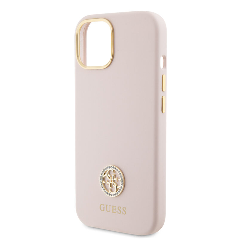 Husa Guess iPhone 15 Plus Silicone Logo Strass 4G, roz deschis, GUHCP15M4DGPP