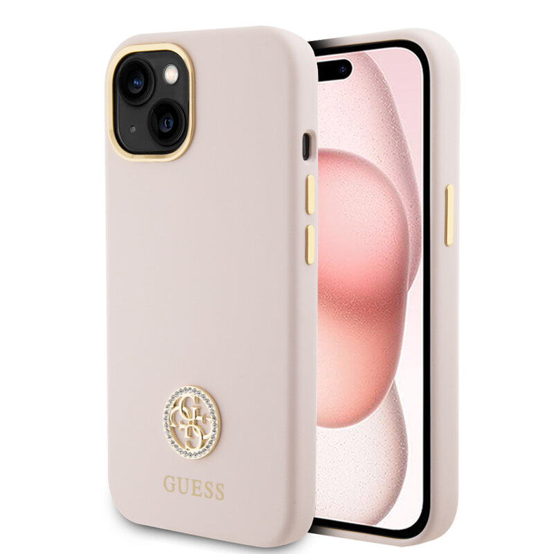Husa Guess iPhone 15 Silicone Logo Strass 4G, roz deschis, GUHCP15SM4DGPP