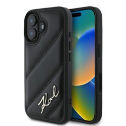 Husa iPhone 16 Karl Lagerfeld Diagonal Quilted, negru, KLHCP16SPQDSMGK