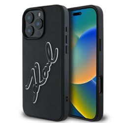 Husa originala iPhone 16 Pro Max Karl Lagerfeld 3D Design, Rubber Signature, negru, KLHCP16X3DRKSDLK