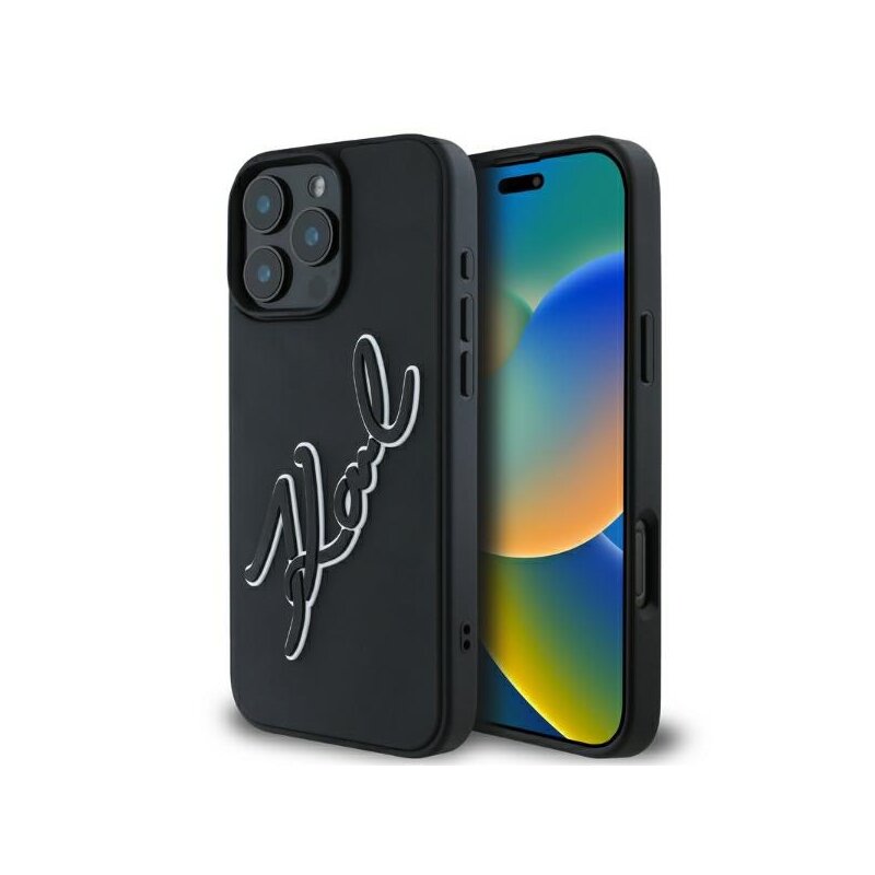 Husa originala iPhone 16 Pro Max Karl Lagerfeld 3D Design, Rubber Signature, negru, KLHCP16X3DRKSDLK