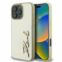Husa iPhone 16 Pro Max Karl Lagerfeld Hardcase Leather, Metal Signature, auriu, KLHCP16XPFMFBKMD