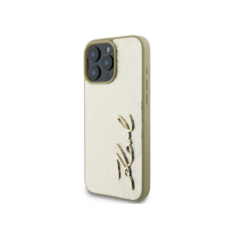 Husa iPhone 16 Pro Max Karl Lagerfeld Hardcase Leather, Metal Signature, auriu, KLHCP16XPFMFBKMD