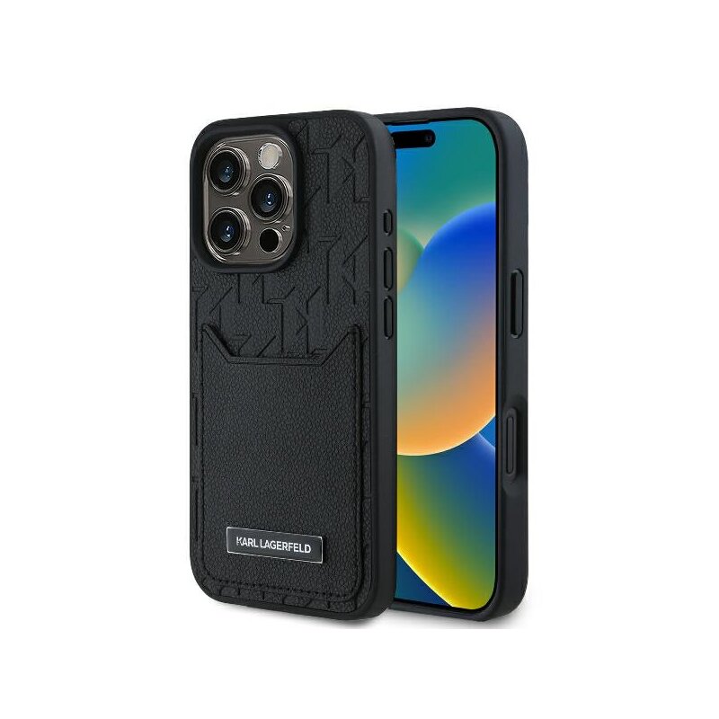 Husa iPhone 16 Pro Max Karl Lagerfeld Hardcase Leather Cardslots, Monogram, negru, KLHCP16XPGKHPRPK