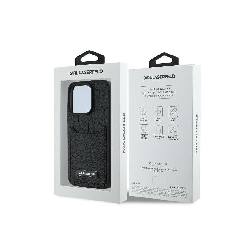 Husa iPhone 16 Pro Max Karl Lagerfeld Hardcase Leather Cardslots, Monogram, negru, KLHCP16XPGKHPRPK