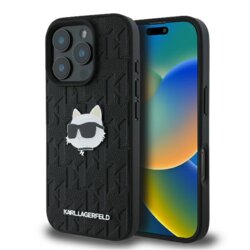 Husa iPhone 16 Pro Max Karl Lagerfeld Hardcase Leather Monogram, Choupette Head Pin, negru, KLHCP16XPGKLCHPK