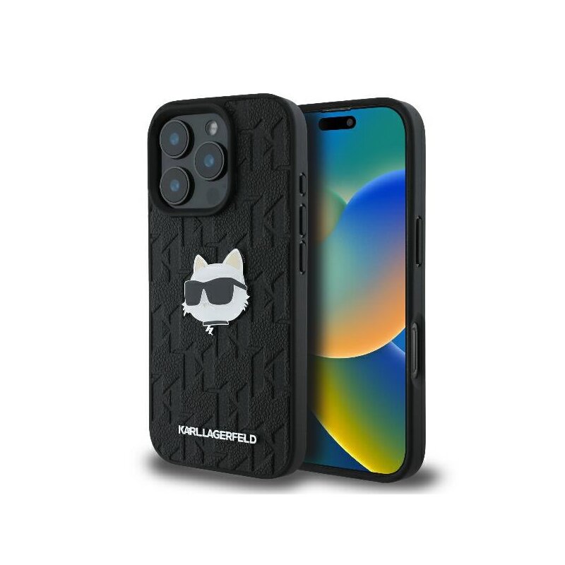 Husa iPhone 16 Pro Max Karl Lagerfeld Hardcase Leather Monogram, Choupette Head Pin, negru, KLHCP16XPGKLCHPK