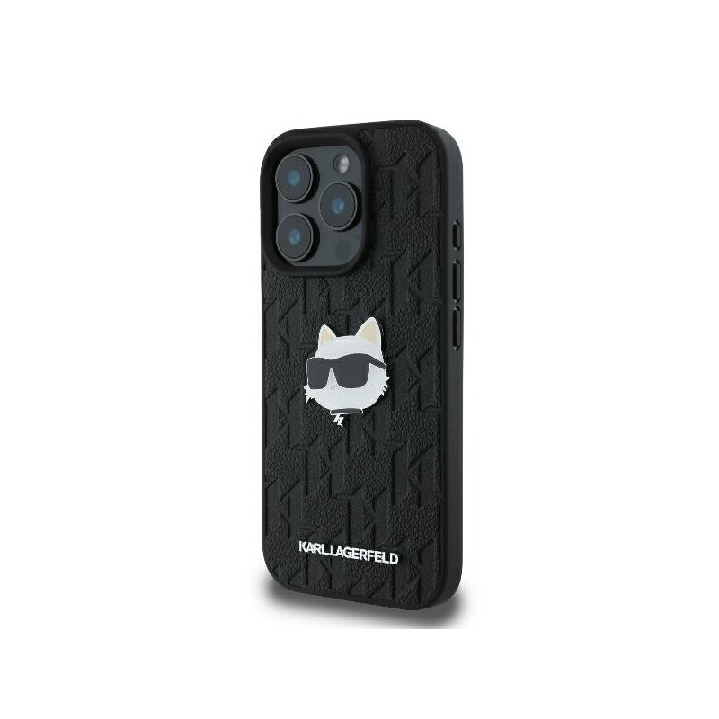Husa iPhone 16 Pro Max Karl Lagerfeld Hardcase Leather Monogram, Choupette Head Pin, negru, KLHCP16XPGKLCHPK