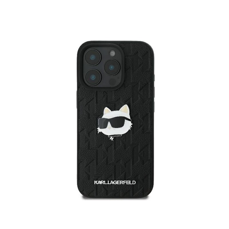 Husa iPhone 16 Pro Max Karl Lagerfeld Hardcase Leather Monogram, Choupette Head Pin, negru, KLHCP16XPGKLCHPK