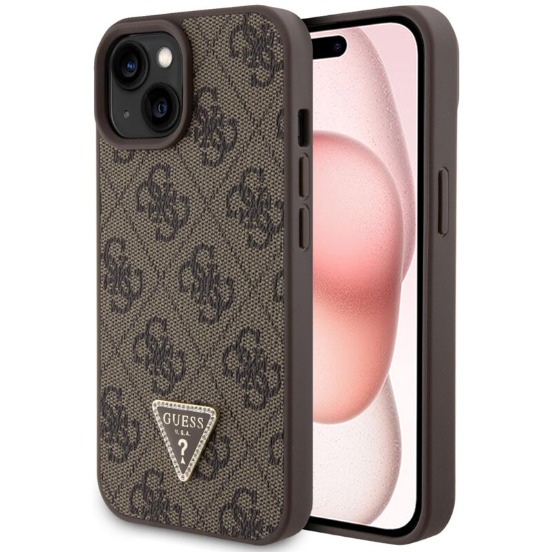 Husa iPhone 15 Guess Leather 4G Triangle Strass, maro, GUHCP15SP4TDPW
