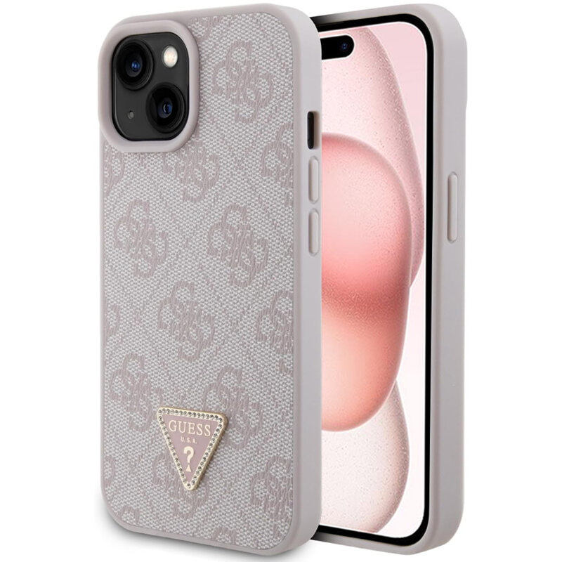 Husa iPhone 15 Guess Leather 4G Triangle Strass, roz, GUHCP15SP4TDPP