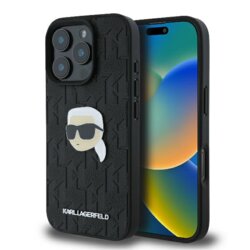 Husa iPhone 16 Pro Max Karl Lagerfeld Hardcase Leather Monogram, Karl Head Pin, negru, KLHCP16XPGKLKIPK