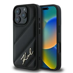 Husa iPhone 16 Pro Max Karl Lagerfeld Diagonal Quilted Script, negru, KLHCP16XPQDSMGK