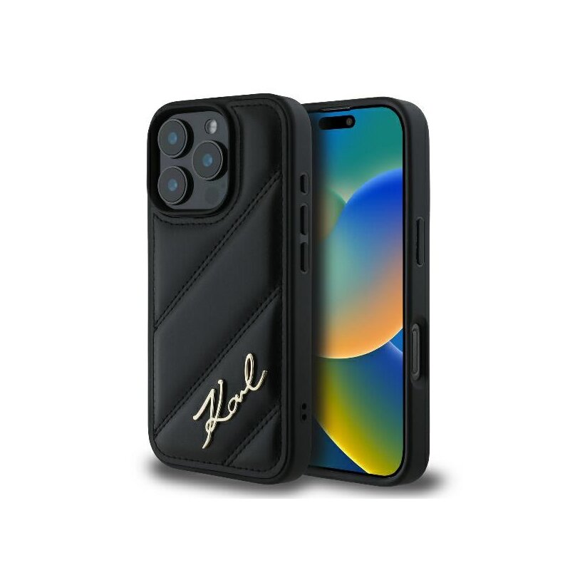 Husa iPhone 16 Pro Max Karl Lagerfeld Diagonal Quilted Script, negru, KLHCP16XPQDSMGK
