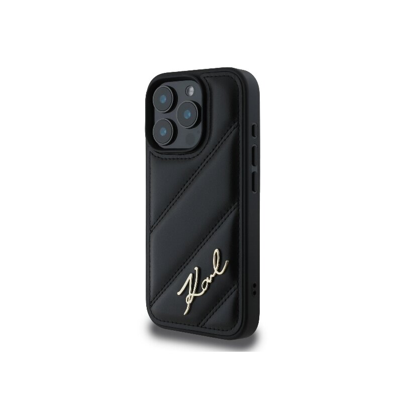 Husa iPhone 16 Pro Max Karl Lagerfeld Diagonal Quilted Script, negru, KLHCP16XPQDSMGK