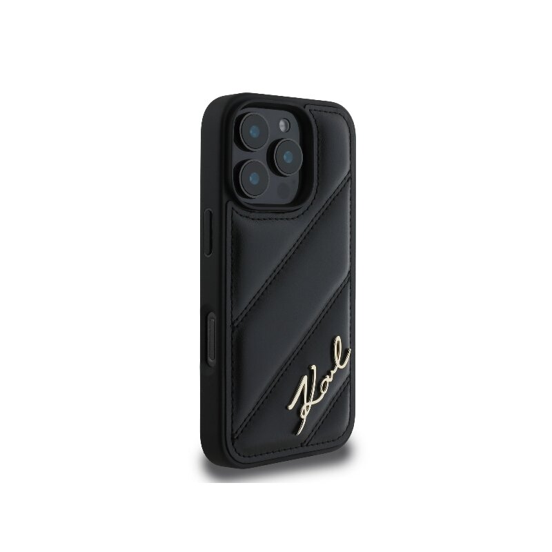 Husa iPhone 16 Pro Max Karl Lagerfeld Diagonal Quilted Script, negru, KLHCP16XPQDSMGK