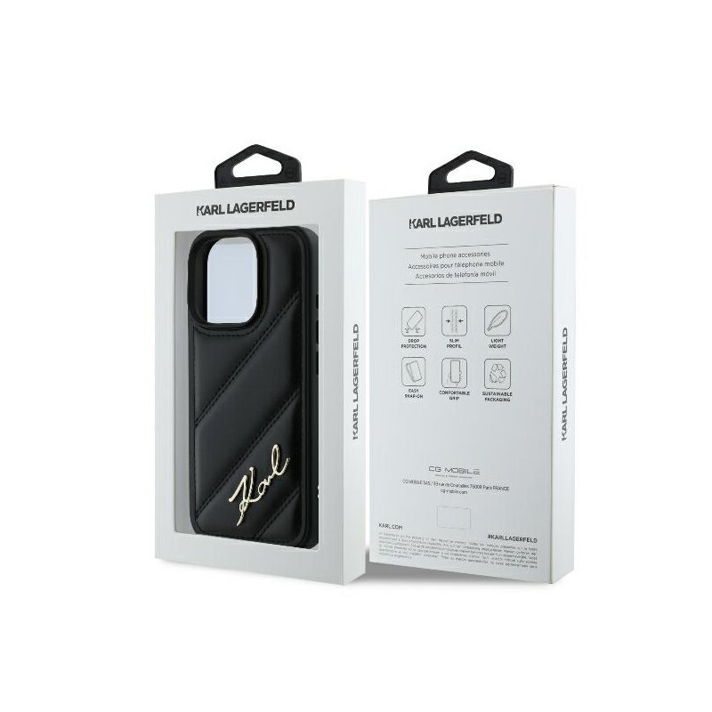 Husa iPhone 16 Pro Max Karl Lagerfeld Diagonal Quilted Script, negru, KLHCP16XPQDSMGK