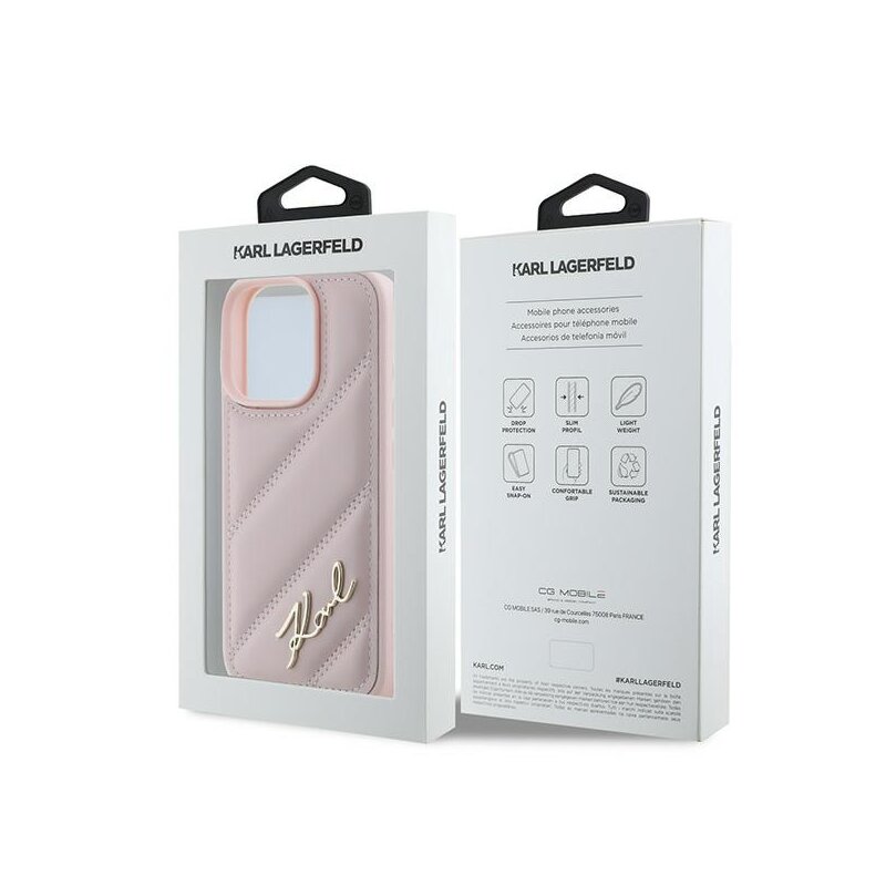 Husa iPhone 16 Pro Max Karl Lagerfeld Diagonal Quilted Script, roz, KLHCP16XPQDSMGP
