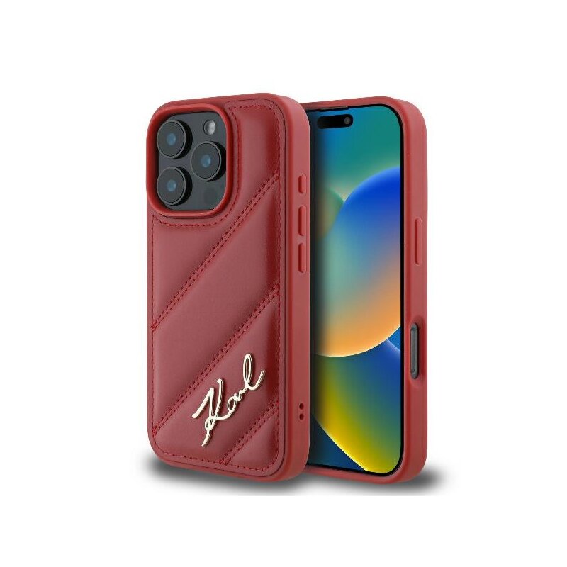 Husa iPhone 16 Pro Max Karl Lagerfeld Diagonal Quilted Script, rosu, KLHCP16XPQDSMGR