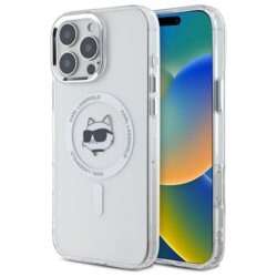 Husa iPhone 16 Pro Max Karl Lagerfeld IML MagSafe, Metal Choupette`s Head, alb, KLHMP16XHLSCHH