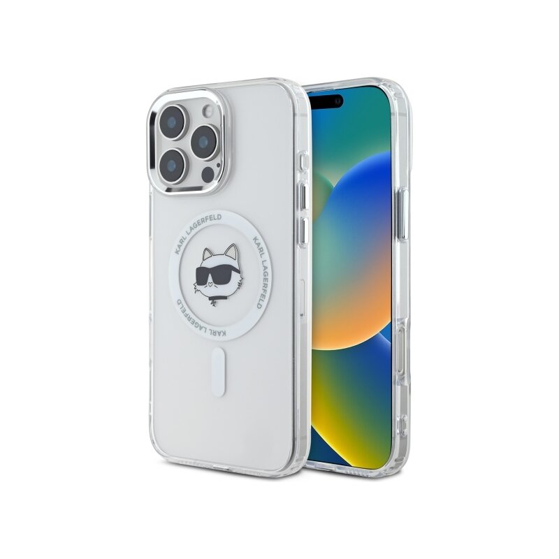 Husa iPhone 16 Pro Max Karl Lagerfeld IML MagSafe, Metal Choupette`s Head, alb, KLHMP16XHLSCHH