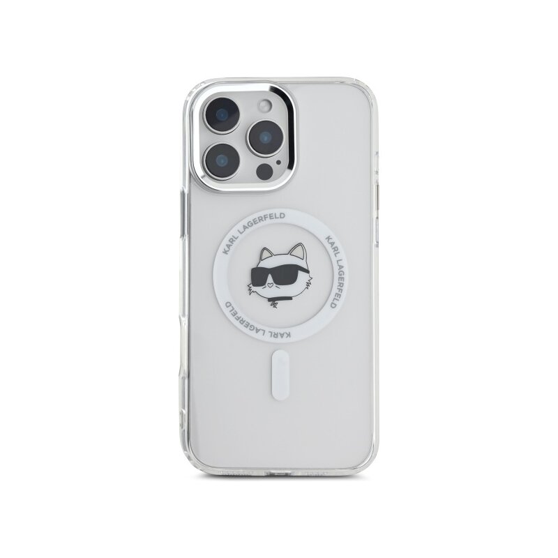 Husa iPhone 16 Pro Max Karl Lagerfeld IML MagSafe, Metal Choupette`s Head, alb, KLHMP16XHLSCHH