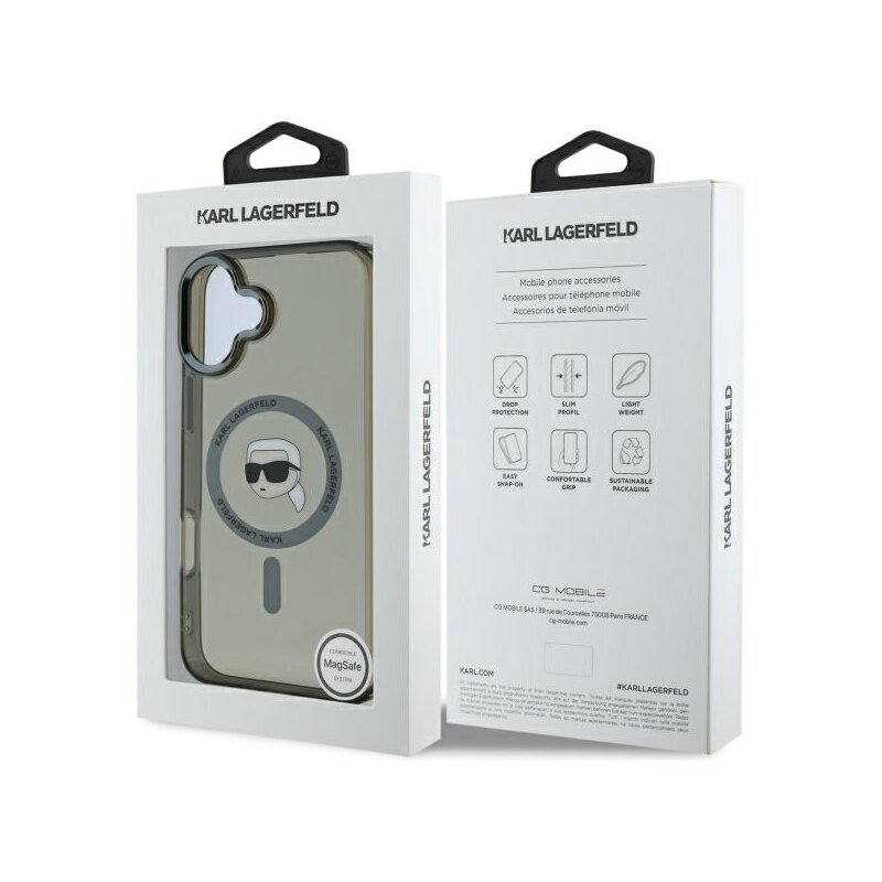 Husa iPhone 16 Karl Lagerfeld IML MagSafe, Metal Karl`s Head, negru, KLHMP16SHLSKIK