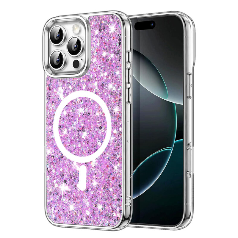 Husa cu sclipici iPhone 16 Pro Techsuit Sparkly Glitter MagSafe, magenta