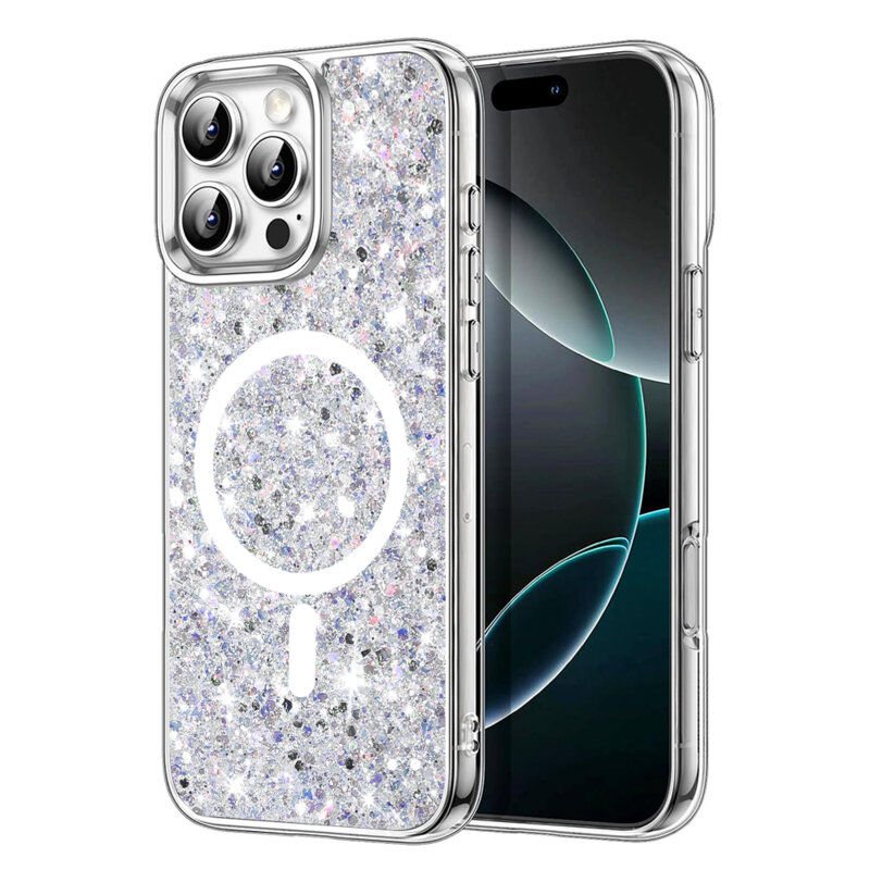 Husa cu sclipici iPhone 16 Pro Max Techsuit Sparkly Glitter MagSafe, alb