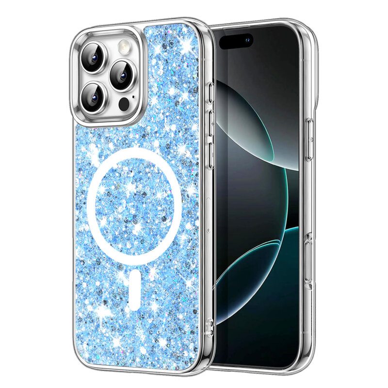 Husa cu sclipici iPhone 16 Pro Max Techsuit Sparkly Glitter MagSafe, bleu