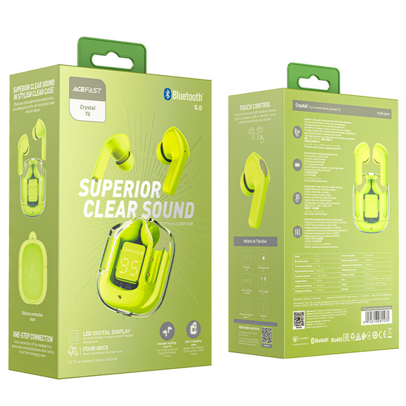 Casti True Wireless Type-C, IPX4, Acefast T6, 500mAh, verde