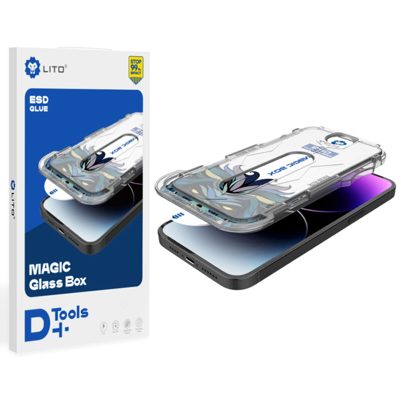 Folie sticla iPhone 16 Lito Magic Glass Box D+ Tools, transparenta