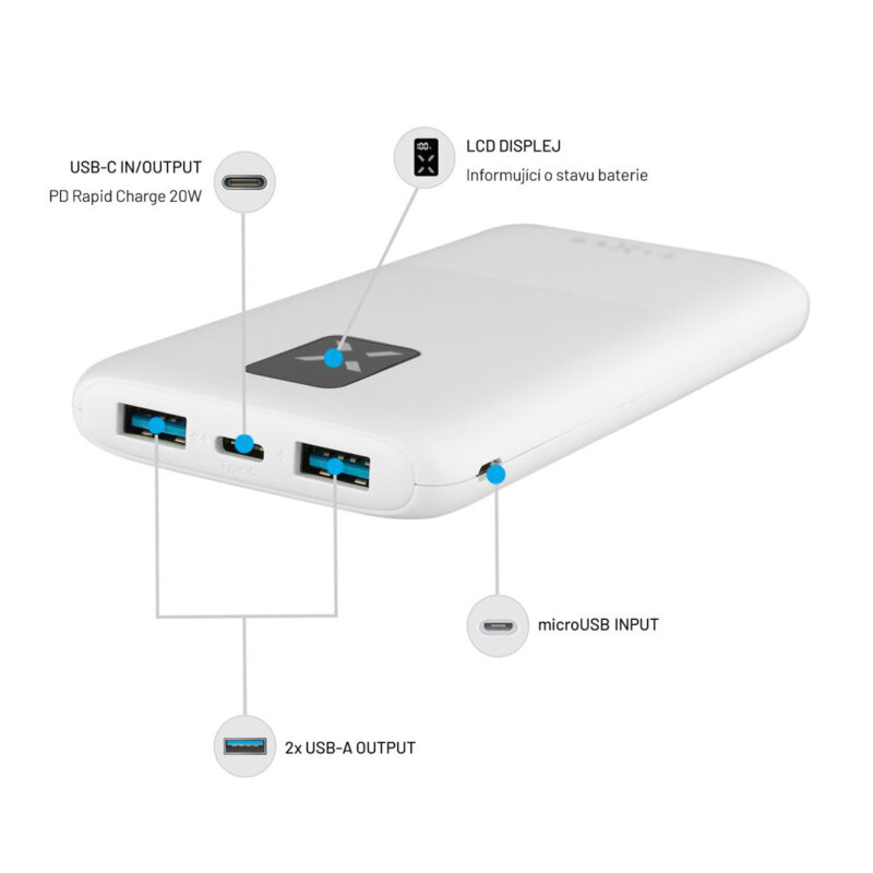 Powerbank 10000mAh, USB, Type-C, Fixed, alb, FIXZEN-10-WH