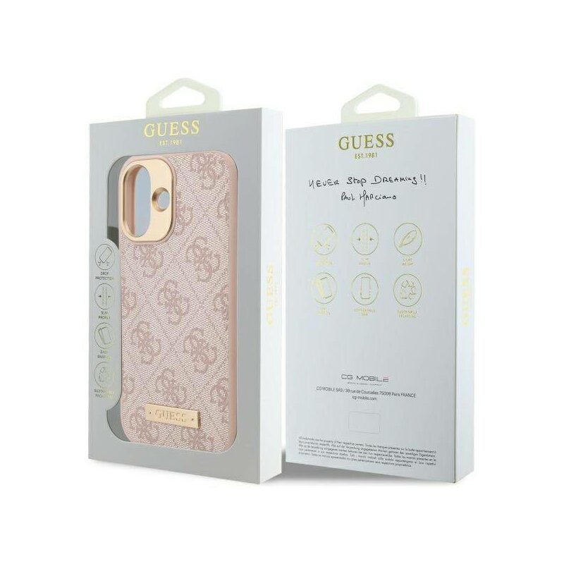 Husa originala Guess iPhone 16 Hardcase 4G Logo Plate MagSafe, roz. GUHMP16SU4GPRP