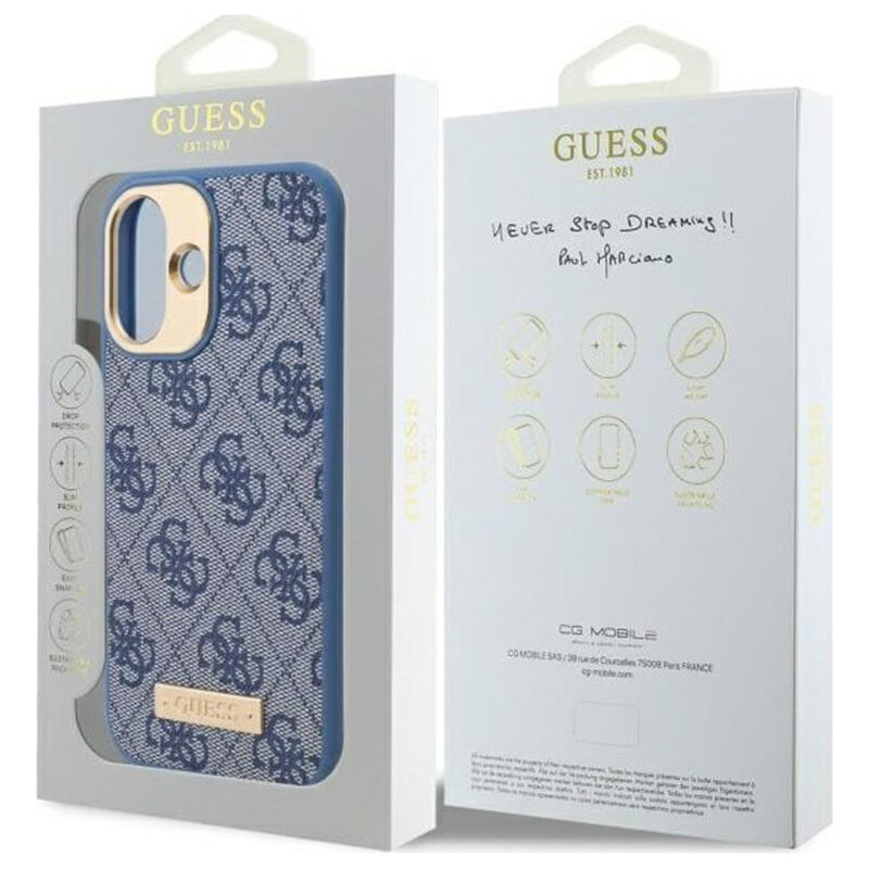 Husa originala Guess iPhone 16 Plus Hardcase 4G Logo Plate MagSafe, albastru, GUHMP16MU4GPRB