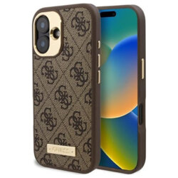 Husa originala Guess iPhone 16 Plus Hardcase 4G Logo Plate MagSafe, maro, GUHMP16MU4GPRW