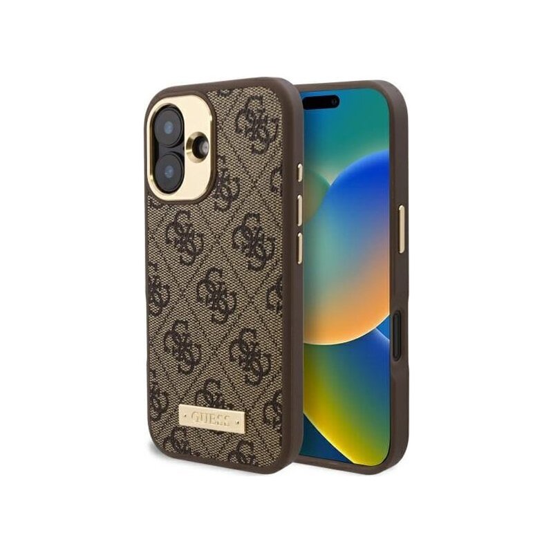 Husa originala Guess iPhone 16 Plus Hardcase 4G Logo Plate MagSafe, maro, GUHMP16MU4GPRW