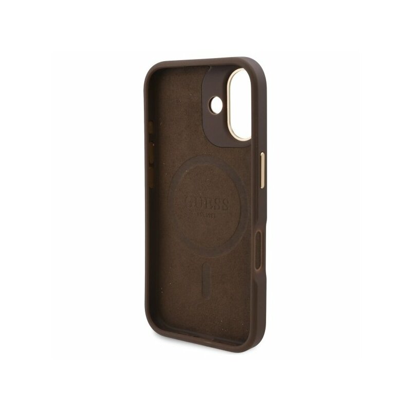 Husa originala Guess iPhone 16 Plus Hardcase 4G Logo Plate MagSafe, maro, GUHMP16MU4GPRW