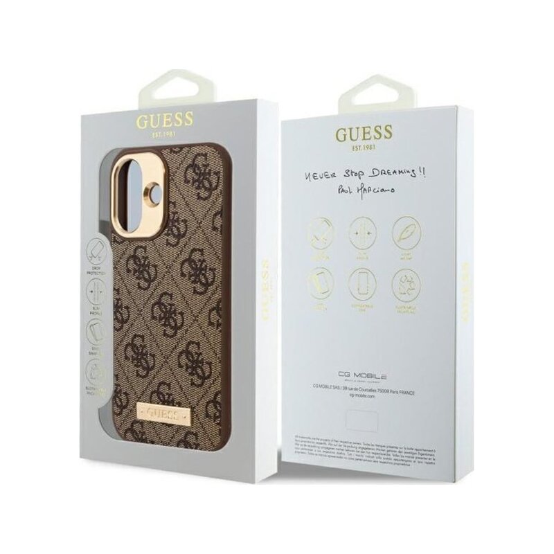 Husa originala Guess iPhone 16 Plus Hardcase 4G Logo Plate MagSafe, maro, GUHMP16MU4GPRW