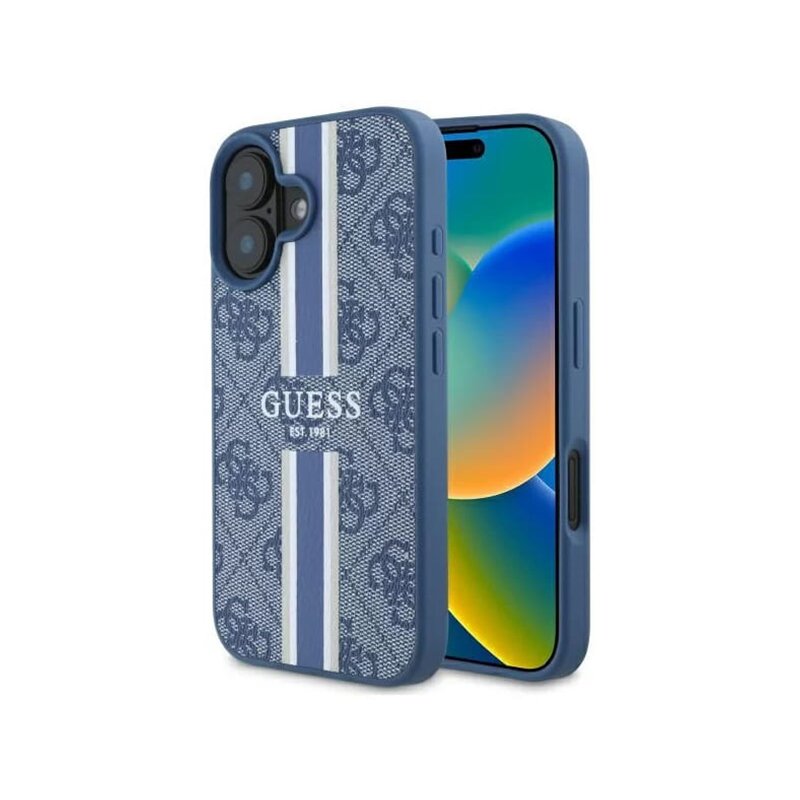 Husa originala Guess iPhone 16 Hardcase 4G Printed Stripes MagSafe, albastru, GUHMP16SP4RPSB