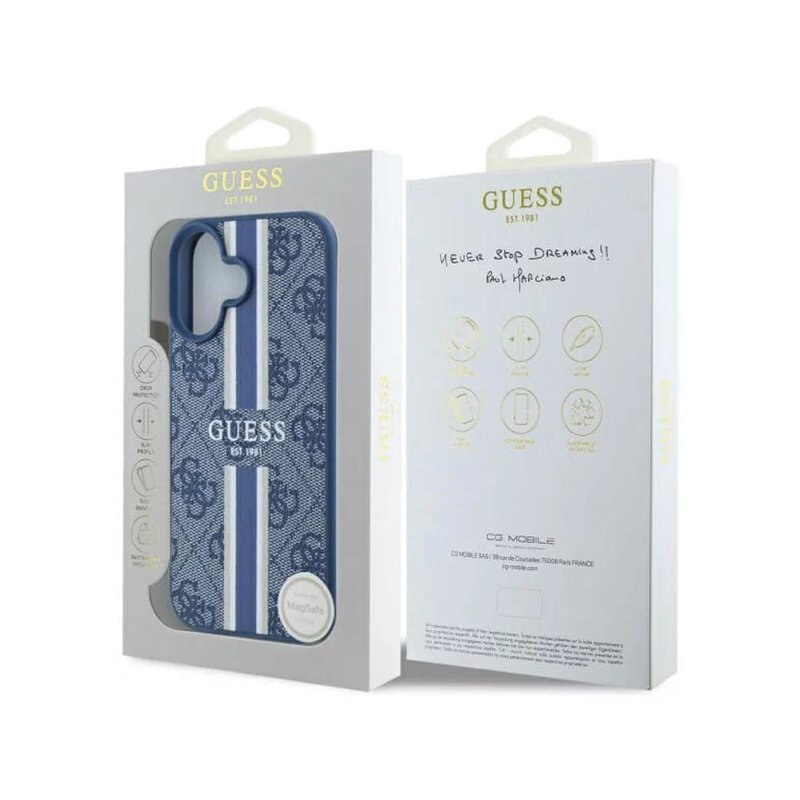 Husa originala Guess iPhone 16 Hardcase 4G Printed Stripes MagSafe, albastru, GUHMP16SP4RPSB