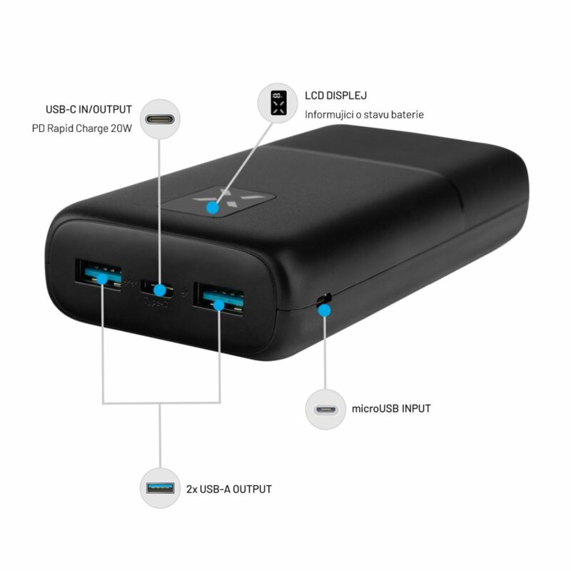 Baterie externa USB-C, 2xUSB, 20000mAh Fixed, FIXZEN-20-BK