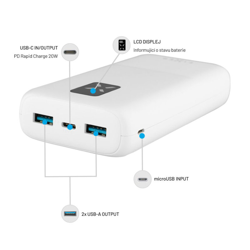 Baterie externa USB-C, 2xUSB, 20000mAh Fixed, FIXZEN-20-WH